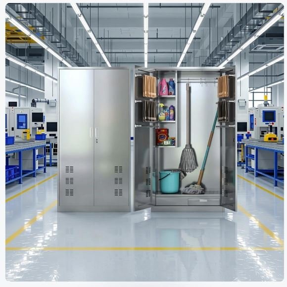Stainless steel janitorial cabinet with open doors showing mop hooks, shelves, and bucket storage