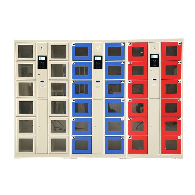 Mixed door electronic locker with touchscreen panel showing color and glass door options