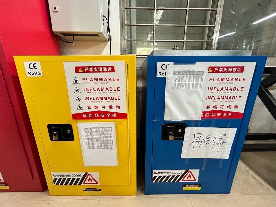 Yellow and blue safety cabinets for color-coded chemical storage