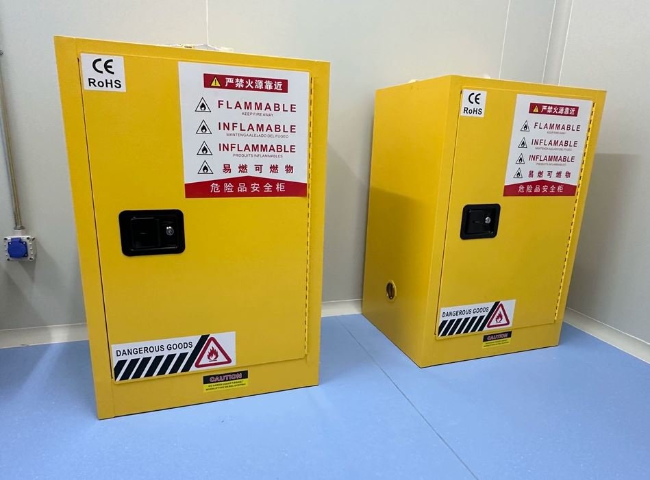 Side-by-side comparison of 30 and 45 gallon yellow explosion-proof cabinets