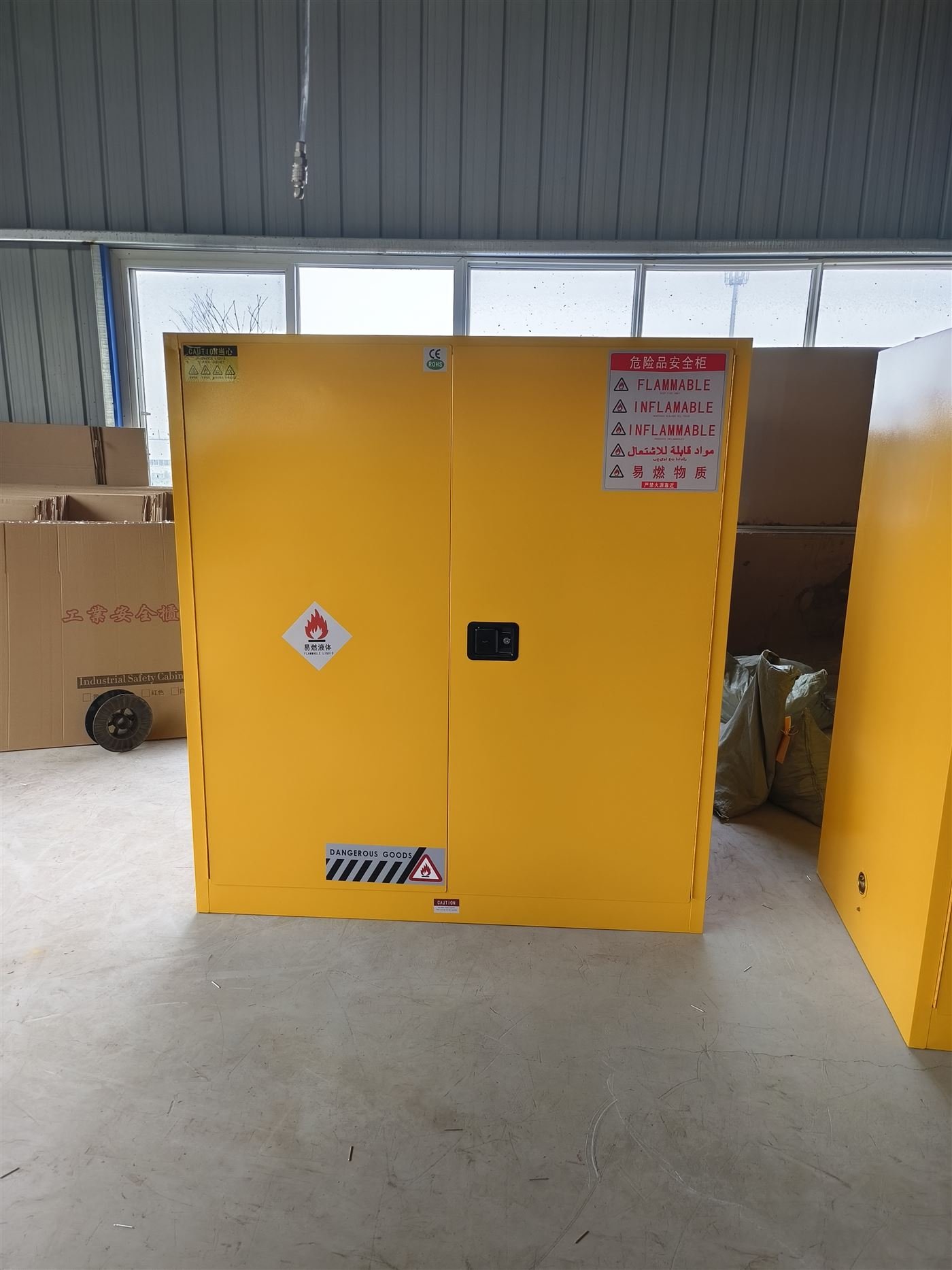 Large explosion-proof safety cabinet on the factory floor before shipment