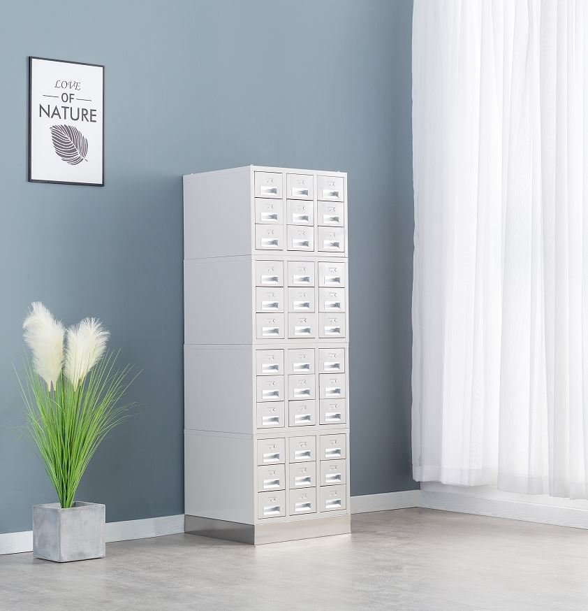 Adjustable drawer dividers inside a pathology wax block cabinet