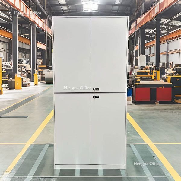 Four-door steel locker cabinet in a factory workshop for staff changing rooms