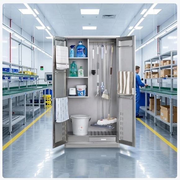 Stainless steel cleaning cabinet with mop hooks and shelves inside a factory