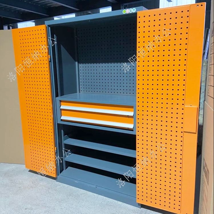 Open tool cabinet showing drawer slides and compartment layout