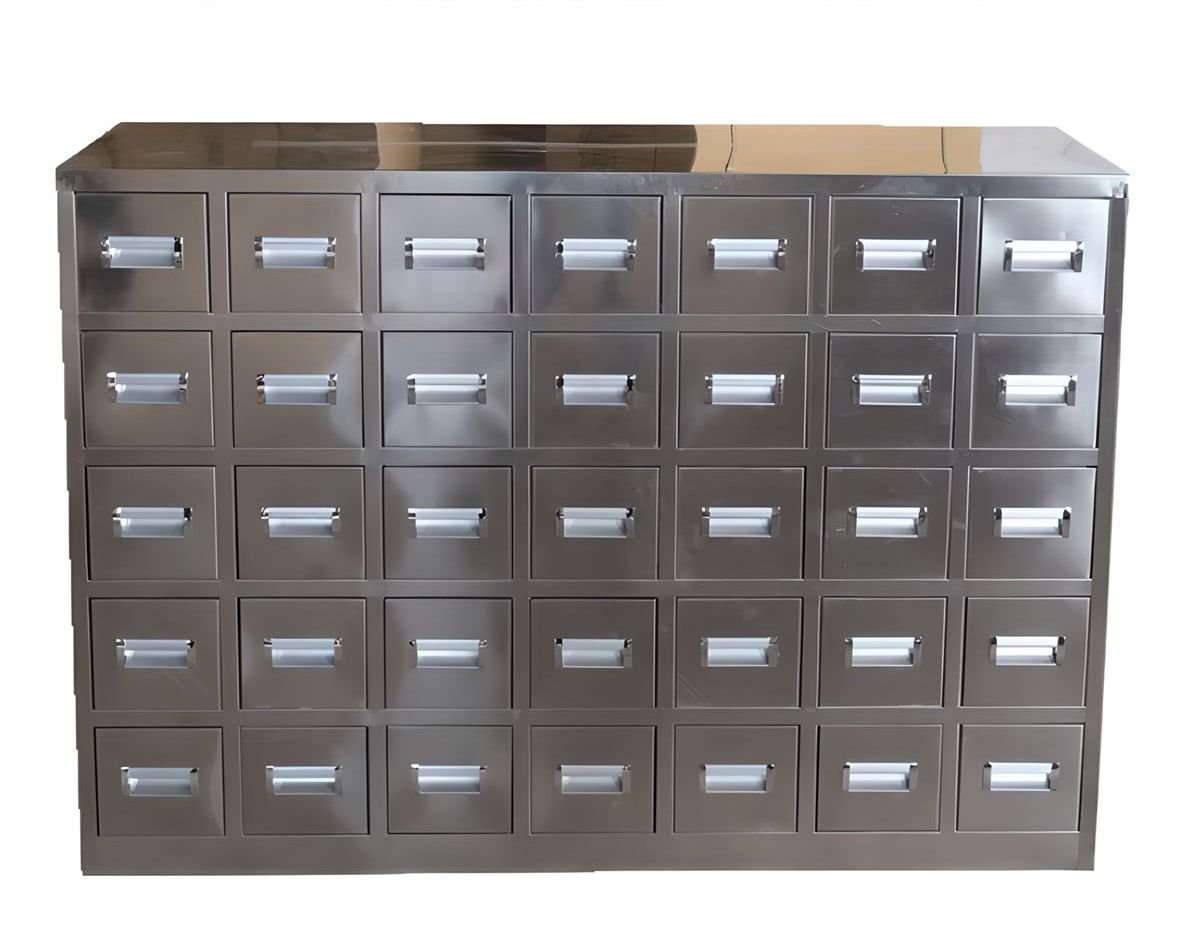 Steel filing cabinet with multiple drawers for office document storage