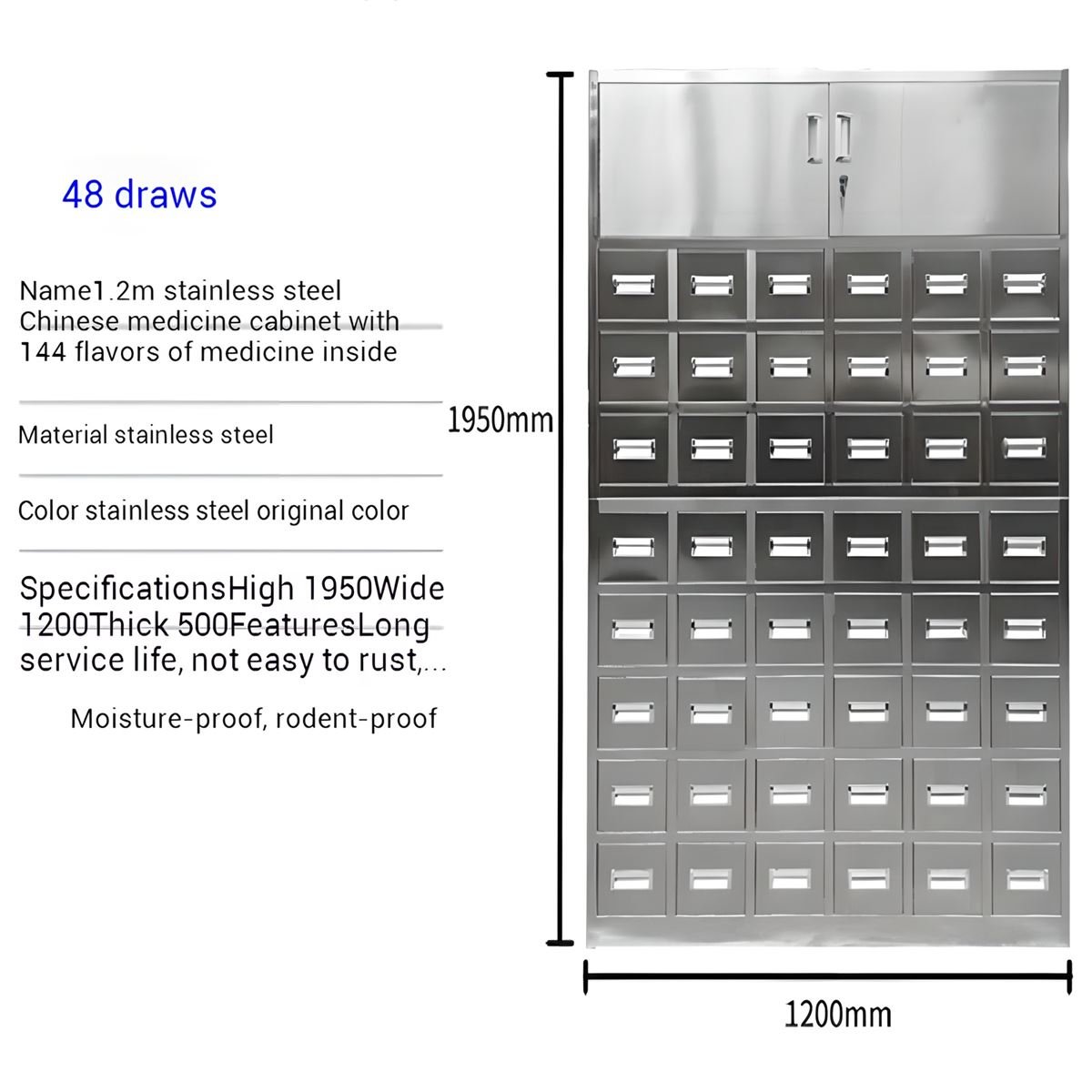 Stainless steel TCM medicine cabinet with 48 drawers for pharmacy herb storage