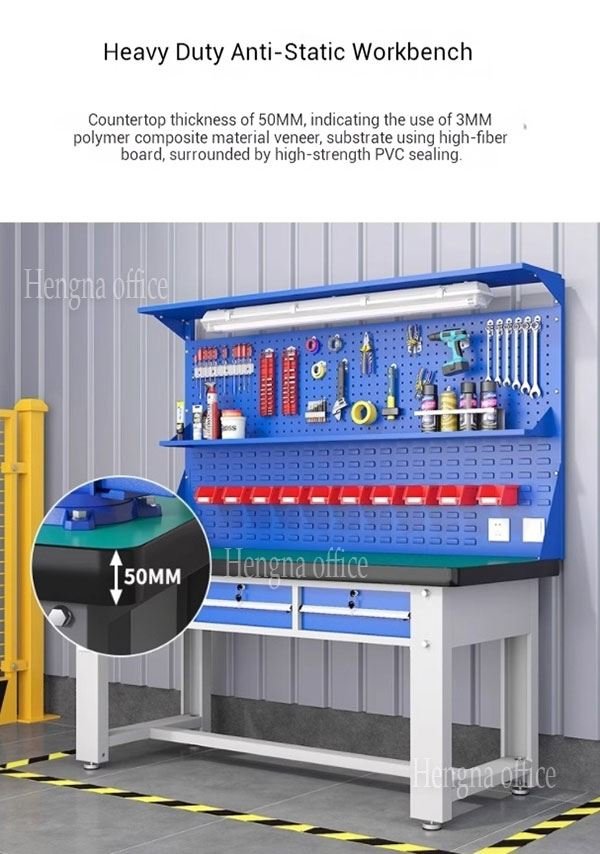 Heavy-duty workbench with lower shelf and tool storage in a workshop
