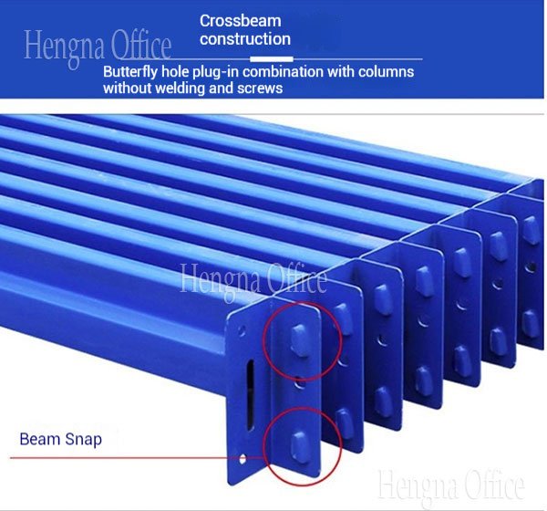 Close-up of a boltless shelving beam showing the butterfly hole plug-in connection and beam snap into the upright