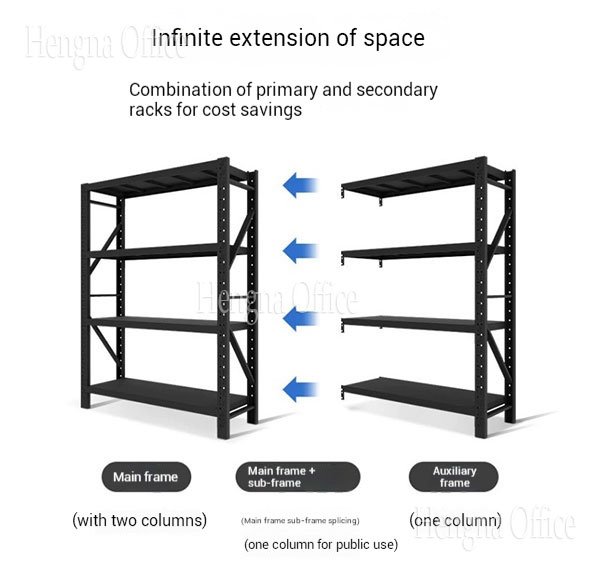 Boltless steel shelving shown as a main frame with two columns and an auxiliary frame with one column, combined to extend a run