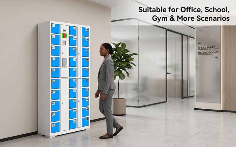 Electronic locker bank with keypad and card reader installed in an office lobby