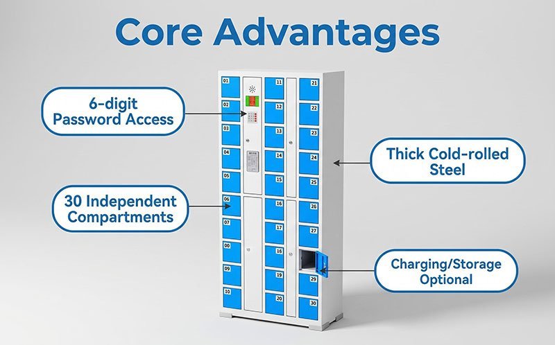Electronic locker cutaway showing 6-digit password access, 30 independent compartments and cold-rolled steel body