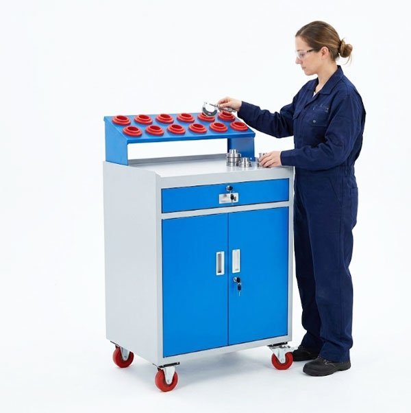 Mobile tool cart with a locking drawer, double doors and two braked swivel casters