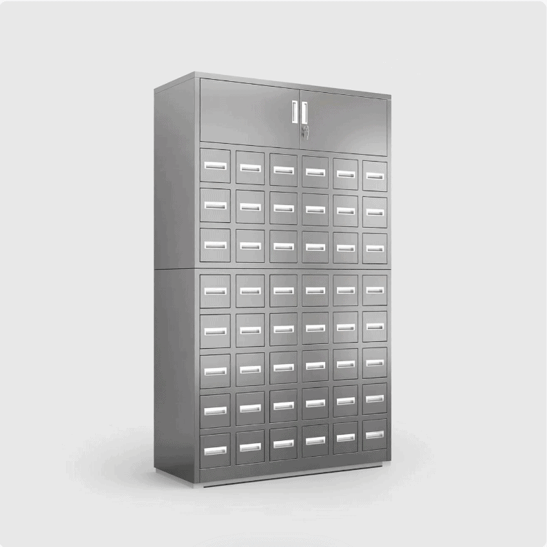 48-drawer brushed stainless steel TCM herb cabinet with three-cell drawers and a lockable top section, front view