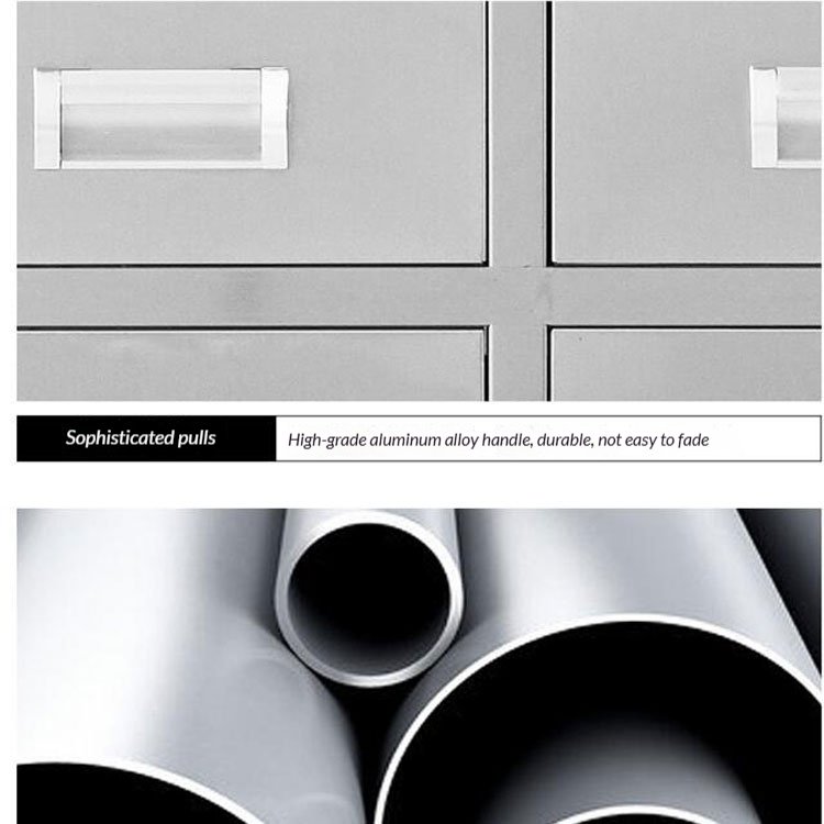 Detail of a stainless TCM herb cabinet showing brushed aluminium drawer pulls and the welded three-cell drawer divider